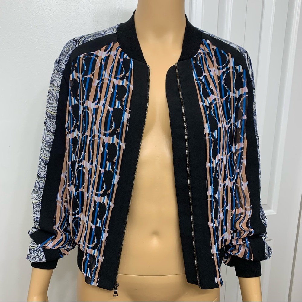 BCBGMaxAzria Harrison Zip Up Lightweight Bomber Jacket Top Paisley Blouse Size S - Picture 12 of 15